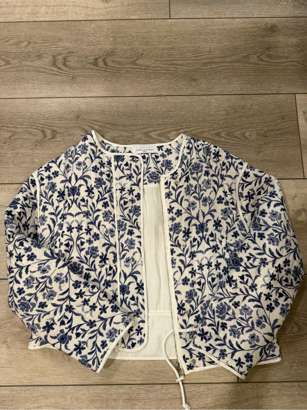 American Threads White Jacket with Navy Floral Embroidery